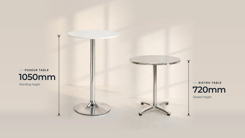 Highline poseur table at 1050mm next to an Atlas bistro table at 720mm, shown to scale