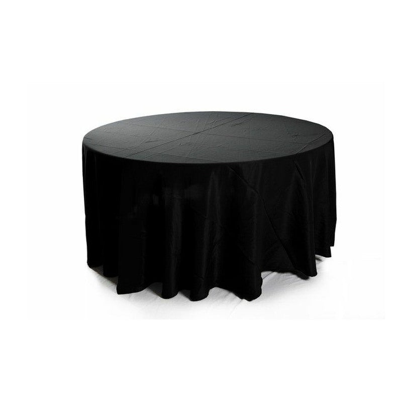 A round black tablecloth draped over a round table, shown against a plain white background.