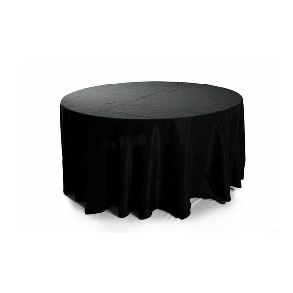 A round black tablecloth draped over a round table, shown against a plain white background.