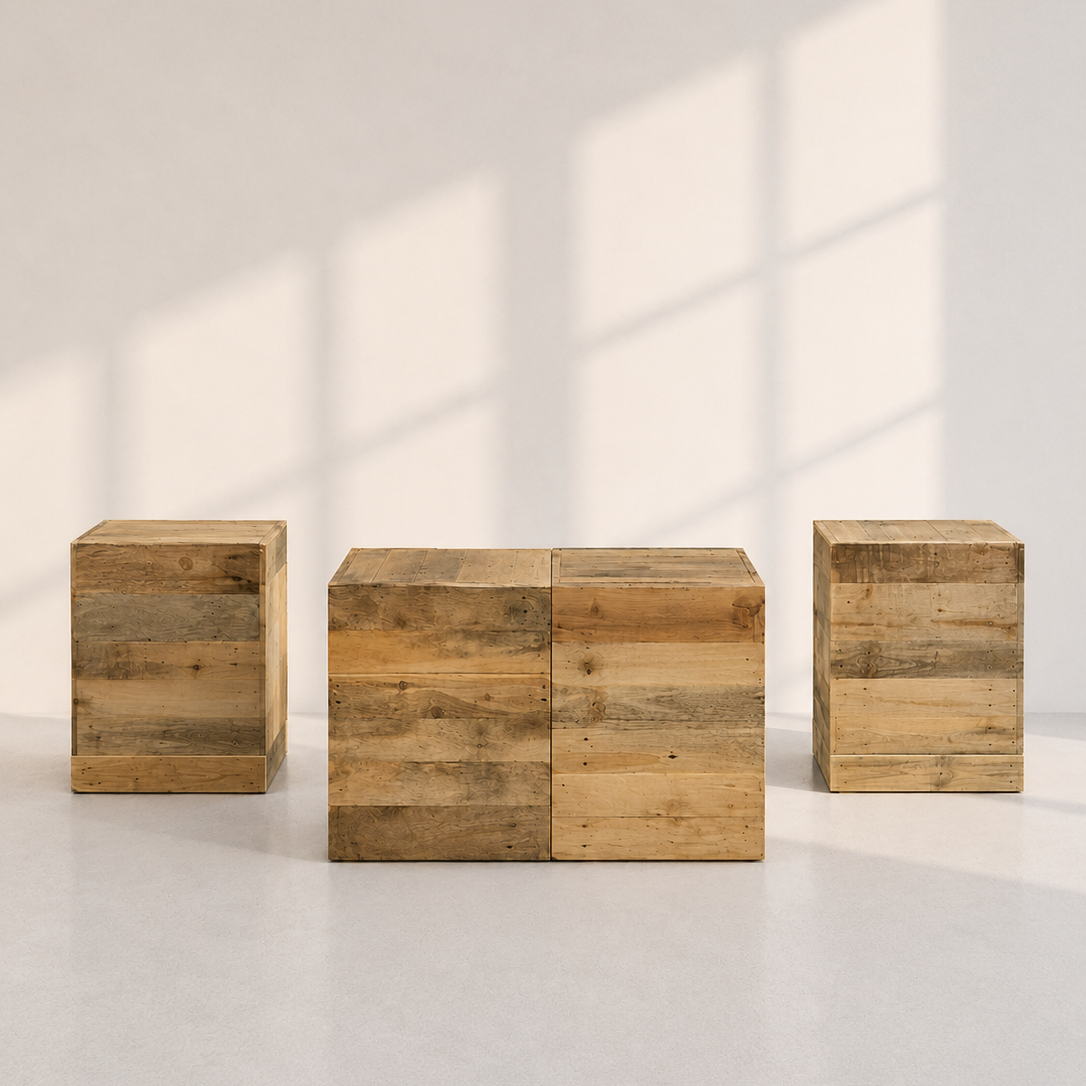 Image of Three rustic wooden storage boxes or crates in varying sizes, arranged on a light gray floor against a white wall with soft window shadow projections.