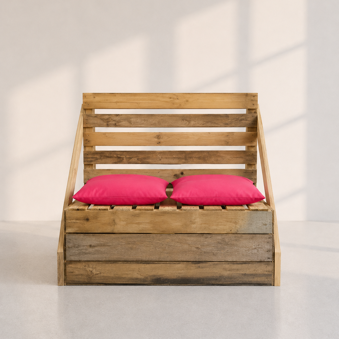Image of A rustic wooden bed frame made from reclaimed pallet wood, styled with two bright pink pillows, set against a minimalist off-white wall with soft window shadow projections.