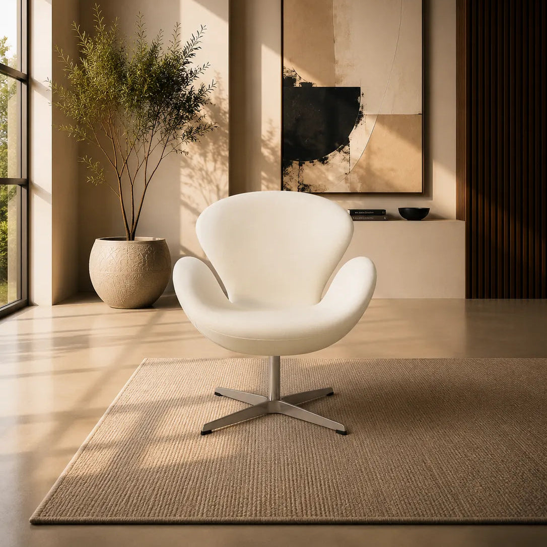 Image of A modern white swivel lounge chair with a chrome star base sits on a woven beige rug in a minimalist, warm-toned interior room with a large potted plant and abstract wall art.