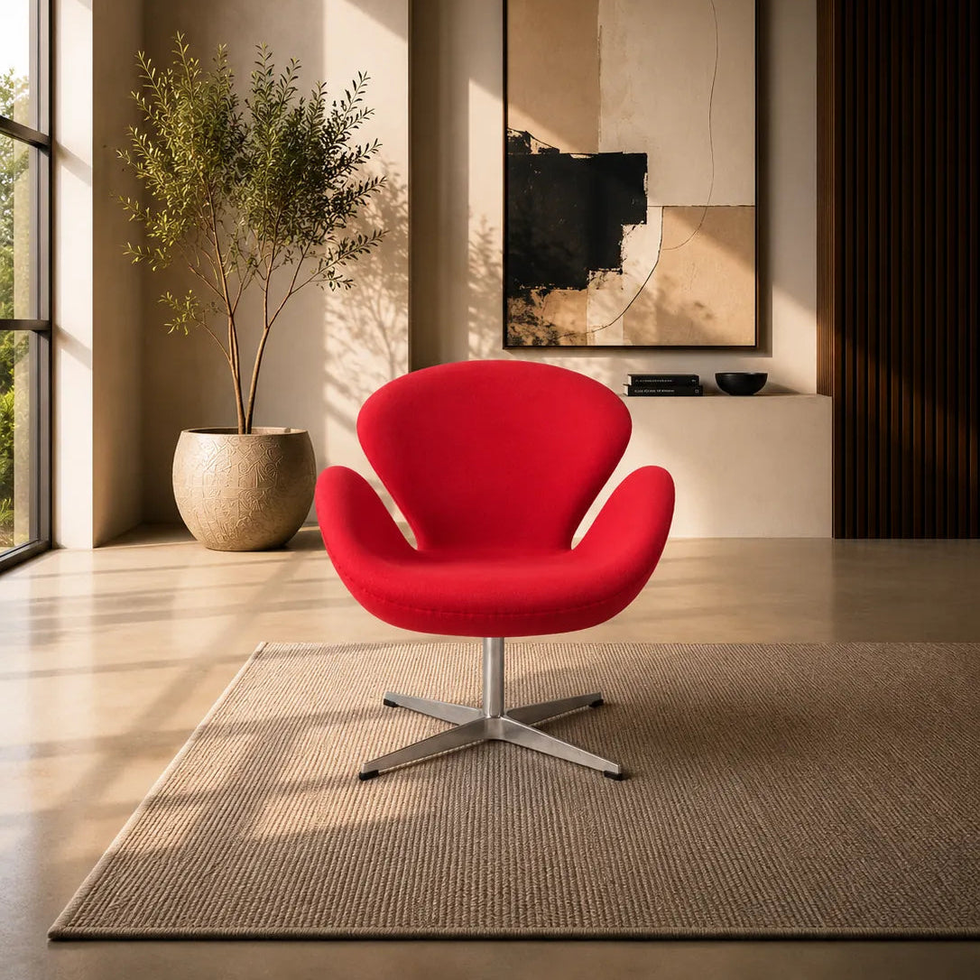 A modern red swivel lounge chair with a chrome star base, placed on a textured beige rug in a stylishly decorated room with warm sunlight, a potted plant, and abstract wall art.