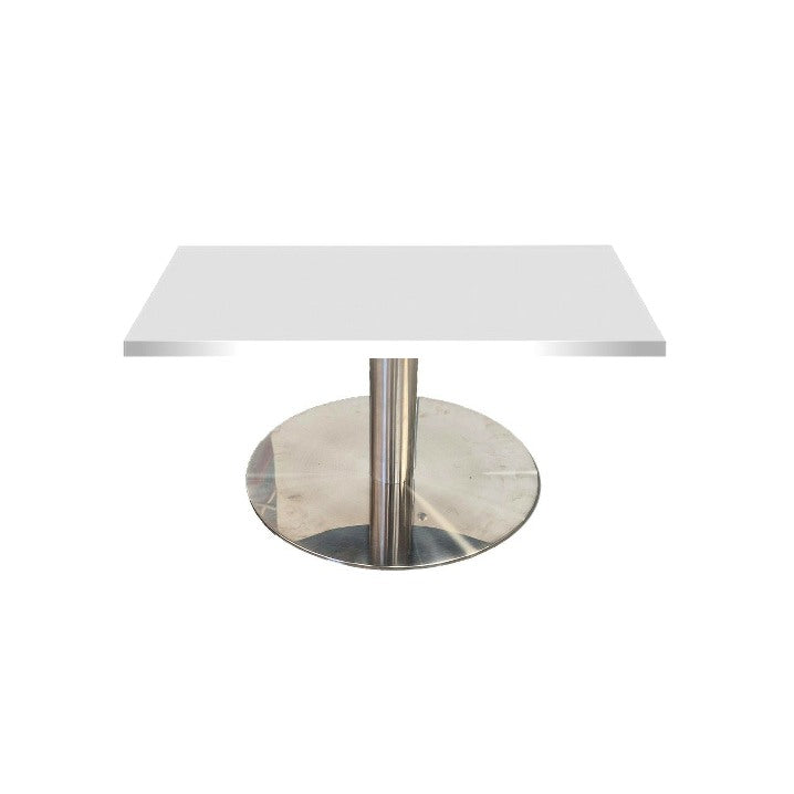 Lungo white square coffee table hire with chrome base