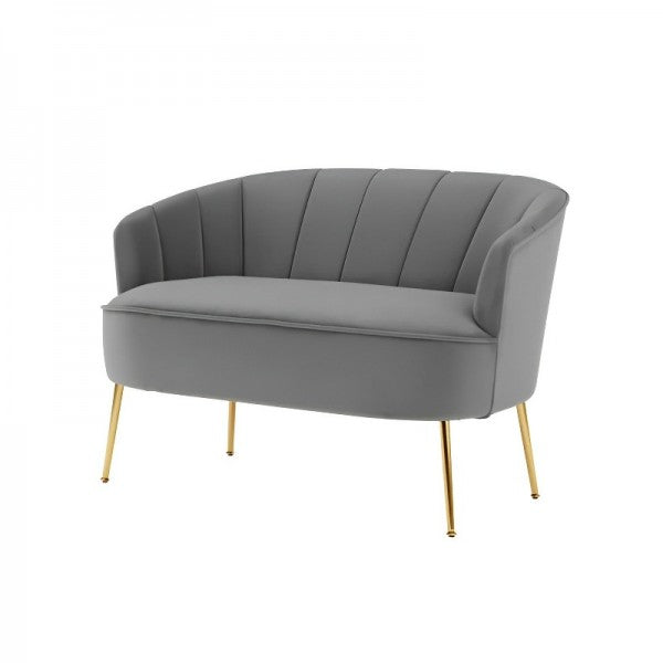 Grey velvet sofa hire with gold legs
