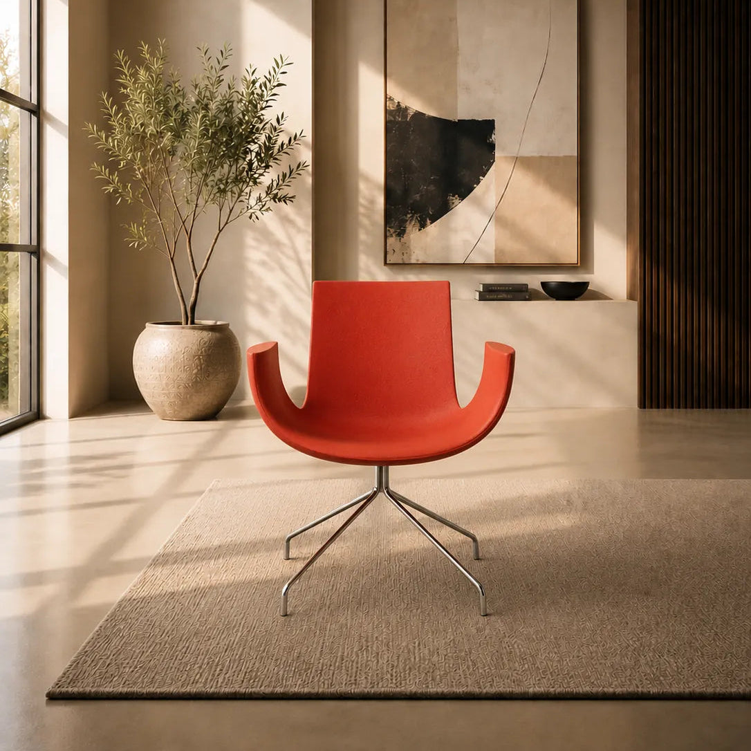 A modern red molded chair with a chrome five-star base sits on a beige rug in a minimalist, warm-toned interior room with a large potted plant and abstract wall art.