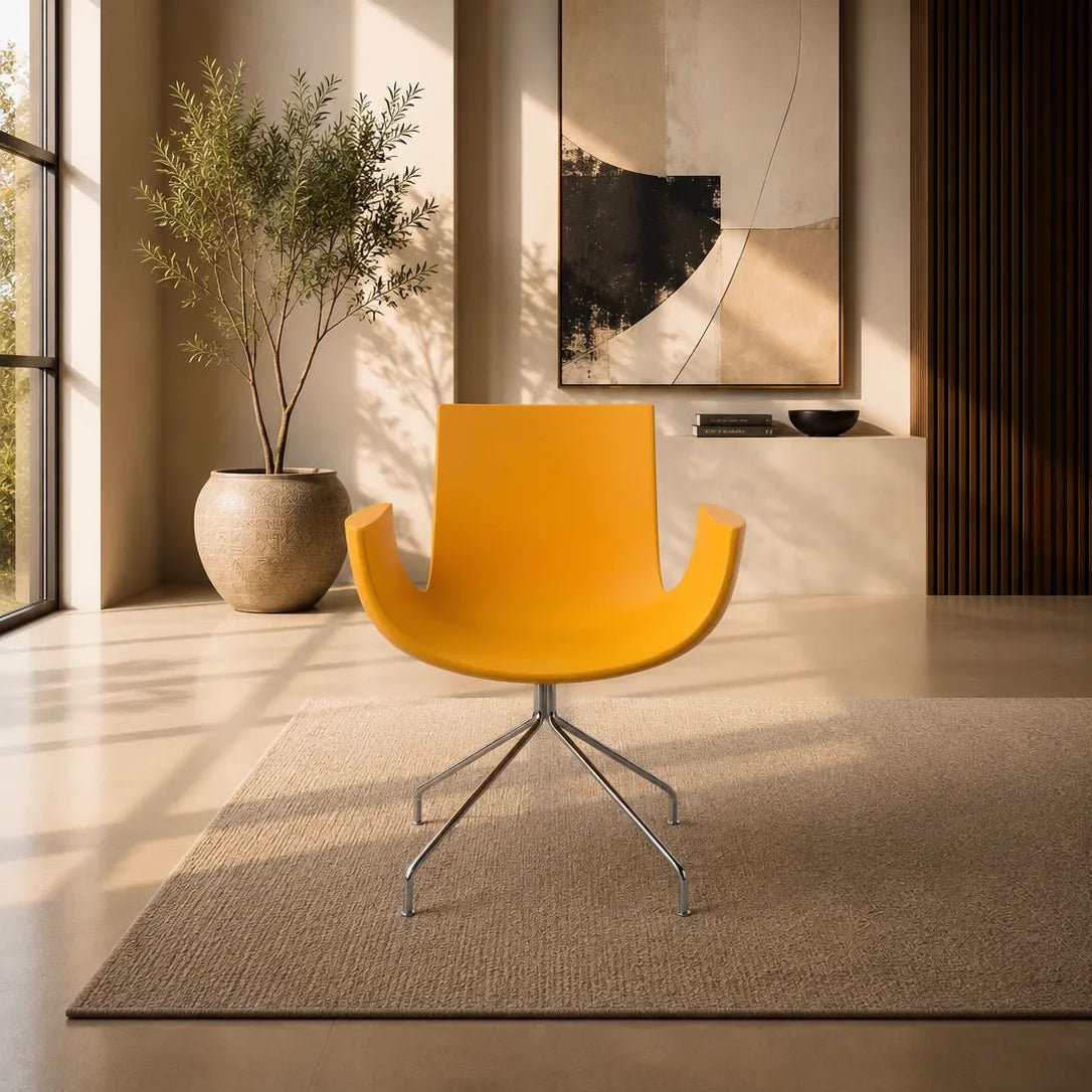 Image of A modern red molded plastic swivel chair with a chrome metal star base, set against a minimalist off-white wall and floor with soft window-box shadows.