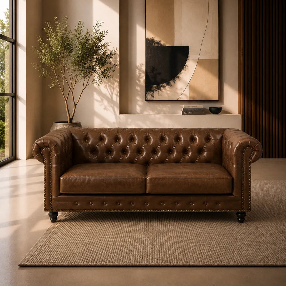 Image of A brown leather tufted sofa in a modern, warm-toned living room setting with a beige rug, wall art, and a potted plant.