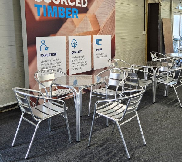 Aluminium bistro table hire at an event
