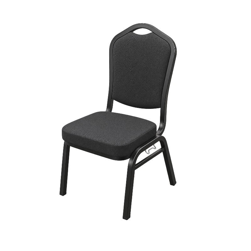 Image of A black fabric-upholstered church or event chair with a padded seat and a tall, curved backrest, shown on a plain white background.