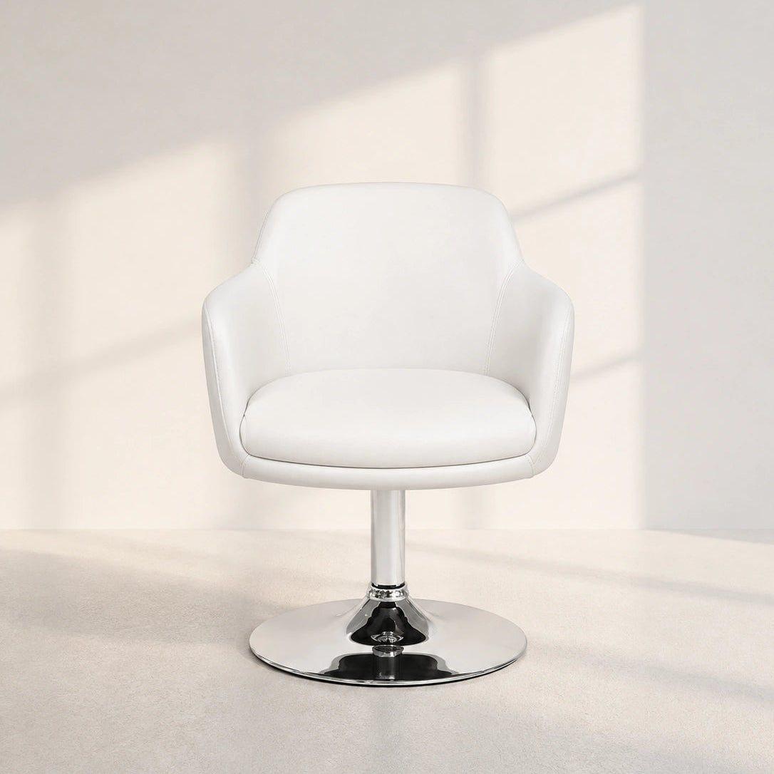 Image of A modern white upholstered swivel chair with a chrome pedestal base, set against a minimalist off-white wall with soft window shadow patterns.