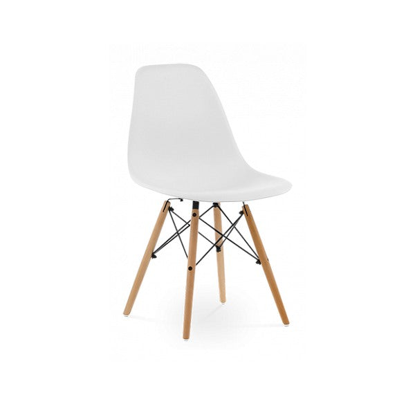 White Eames DSW chair hire with wooden legs