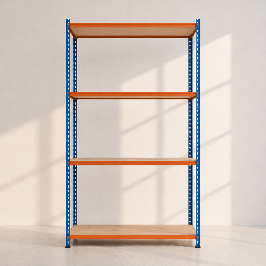 Image of A four-tier industrial shelving unit with blue metal uprights and light brown wooden shelves, set against a minimalist off-white wall with soft window shadows.