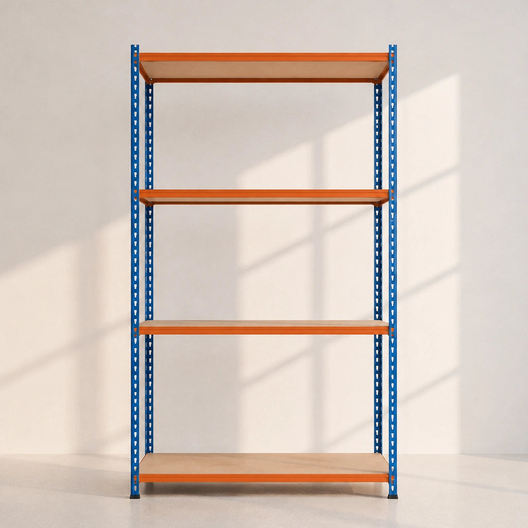 Image of A four-tier industrial shelving unit with blue metal uprights and light brown wooden shelves, set against a minimalist off-white wall with soft window shadows.
