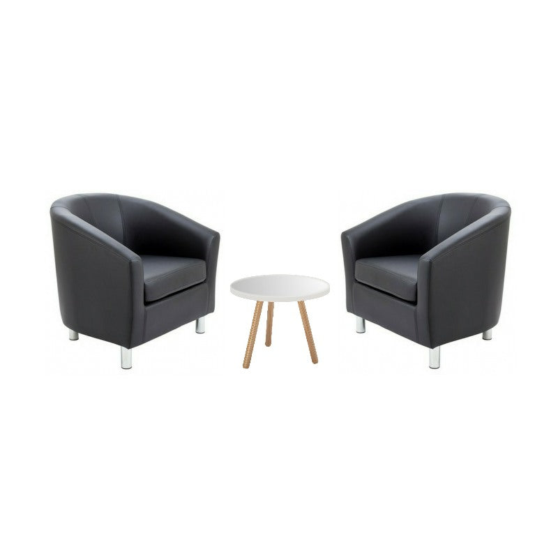 Two grey armchairs with a small white table