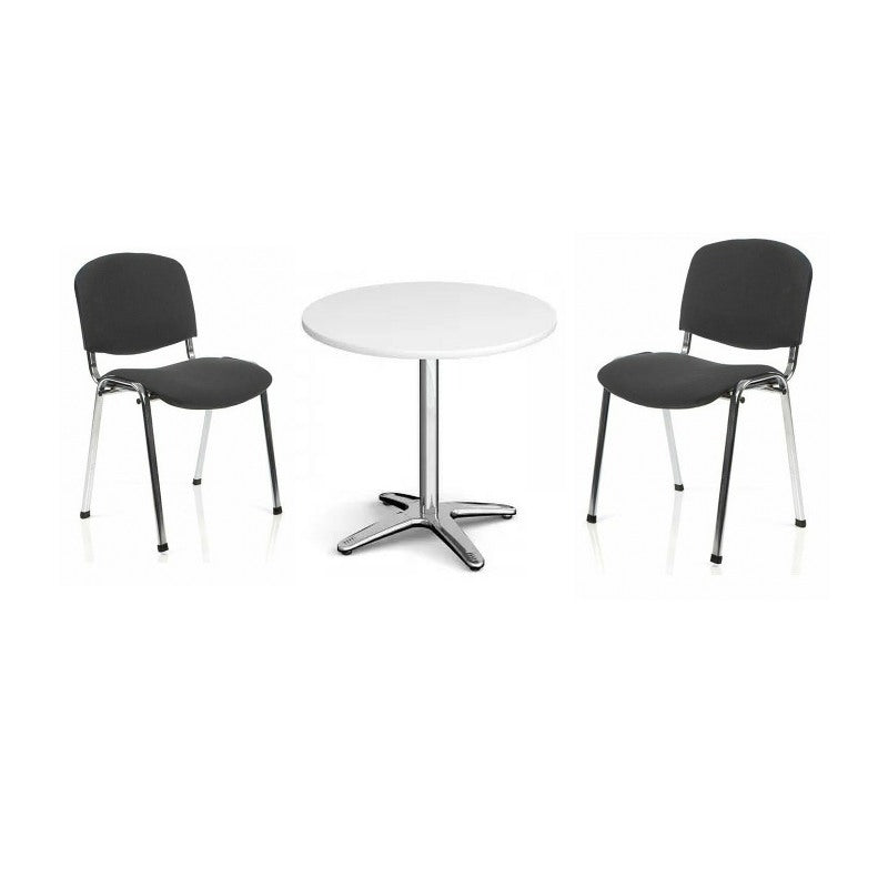 Image of Round white table with two black chairs
