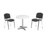 Round white table with two black chairs