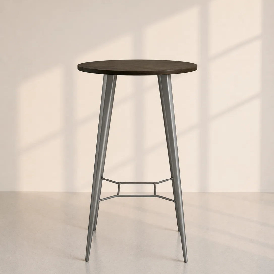 Image of A modern bar stool with a round dark brown tabletop and three tapered gray metal legs, set against a minimalist off-white wall with soft window shadow projections.