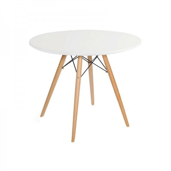 White Eames DSW round table hire with wooden legs