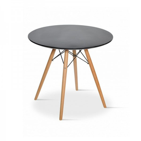 Black Eames DSW round table hire with wooden legs